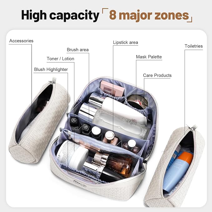 BOYATU Travel Makeup Bag Cosmetic Bags for Women: Large Capacity 3 Pcs Set Make up Bag with Compartments - Waterproof Vegan Leather Toiletry Organizer Bags with Handle (M-72Off-white)