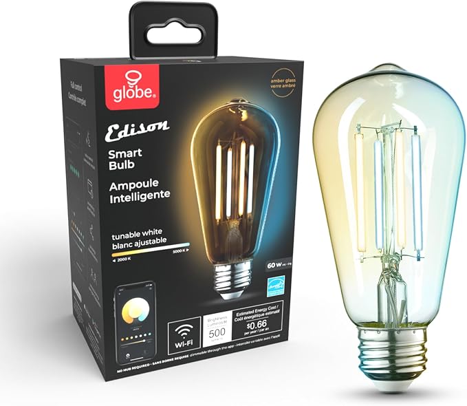 GLOBE Electric 34919 Wi-Fi Smart 5.5W (60W Equivalent) Straight Filament Tunable White Amber Glass LED Light Bulb, No Hub Required, Voice Activated, 2000K - 5000K, Vintage Edison Style, 500 Lumns