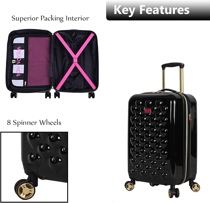 Betsey Johnson Designer 20 Inch Carry On - Expandable (ABS + PC) Hardside Luggage - Lightweight Durable Suitcase With 8-Rolling Spinner Wheels for Women (Heart to Heart Black)
