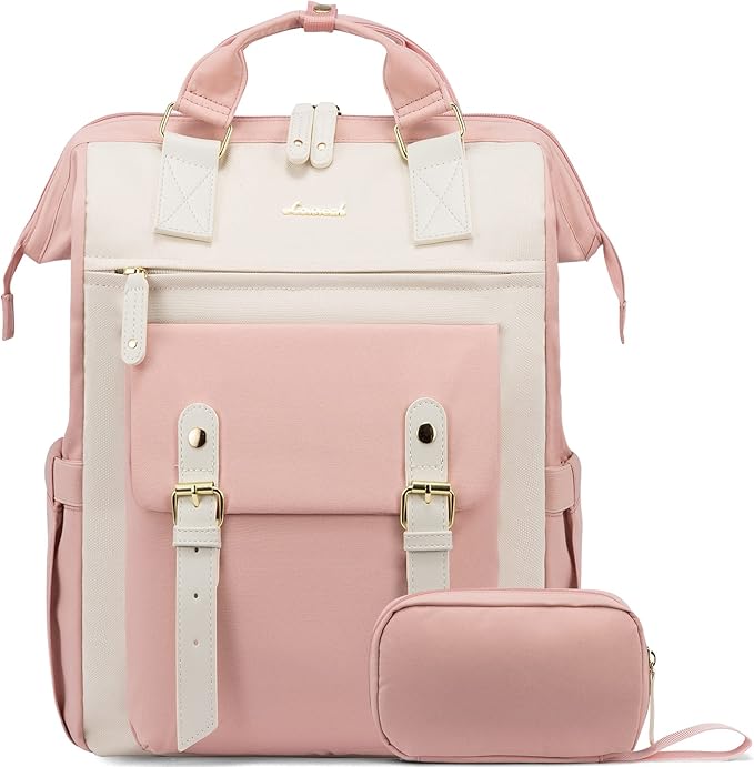 LOVEVOOK Laptop Backpack for Women Work Travel Computer Backpacks Purse, Nurse Bag Teacher Business Laptop Bag, Fashion College Backpack Casual Daypack, 15.6 Inch, Pink-Beige-Beige