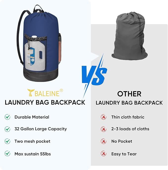 BALEINE 2PK 120L Laundry Bag Backpack, 900D Oxford Fabric Large Travel Laundry Bags with Shoulder Straps and 2 Mesh Pockets for College Dorm, Apartment, Laundromat (Navy, 120L)