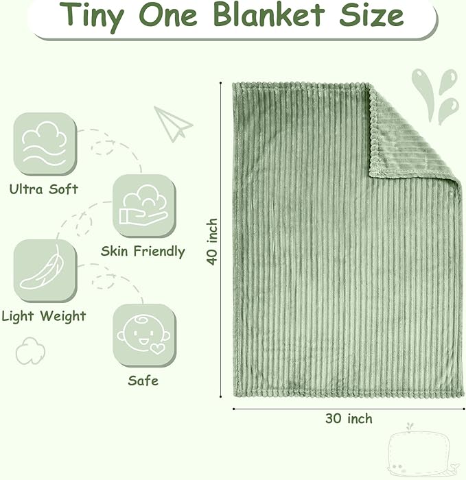 Soft Fleece Baby Blanket Ultra Cozy Green Baby Blankets for Boys Warm and Lightweight Infant Toddler Newborn Receiving Gift with Reversible Stripes for Crib Stroller, 30x40 Inch, Sage Green