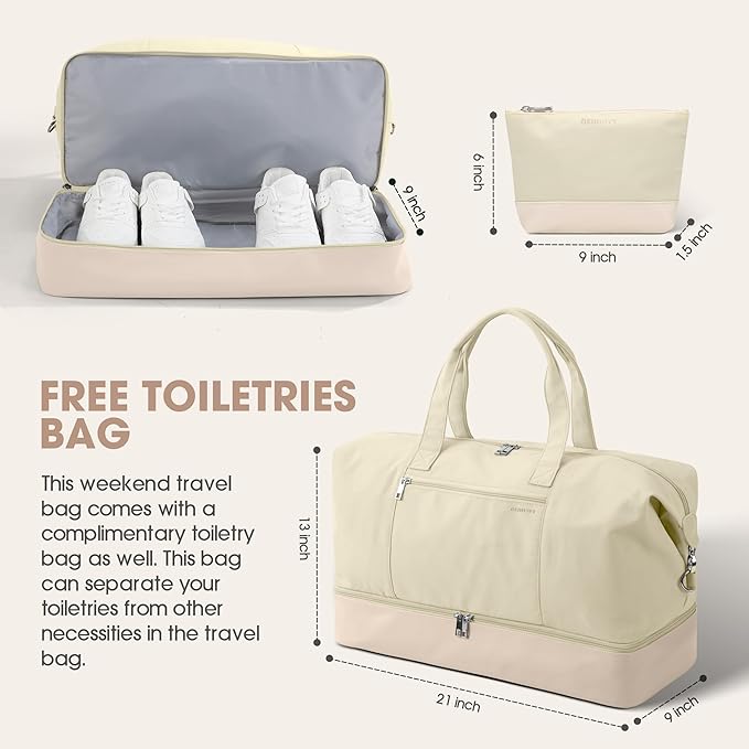 Oeihuivt Weekender Bags for Women - 21 Inch Large Travel Duffel Bag 2-Piece Set with Shoe Compartment, Heavy-Duty Canvas Leather Carry On Overnight Tote