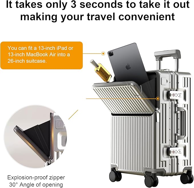 Carry on suitcase Zipperless Luggage,Polycarbonate Aluminum Hard Shell, Expandable Carry-On Suitcase with Spinner Wheels, 26 Inch Cabin