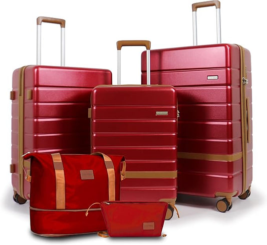 5-Piece Luggage Set for Family Travel: Lightweight Hardshell Suitcases (20/24/28 Inch, Plus Underseat & Tote) | 8 Spinner Wheels, TSA Lock & YKK Zippers | Durable PC+ABS Construction in Red