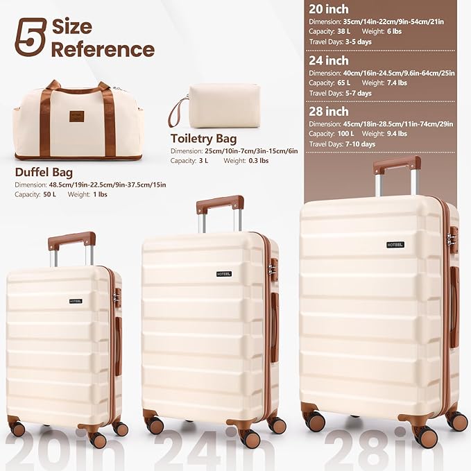 Hoteel Luggage Sets 5 Piece, 4-Year Warranty, Carry-On Luggage with Dual-Spinner Wheels, ABS Hard Shell Suitcase with TSA Locks, Lightweight Luggages for Travel, Beige(20IN/24IN/28IN/DB/TB)