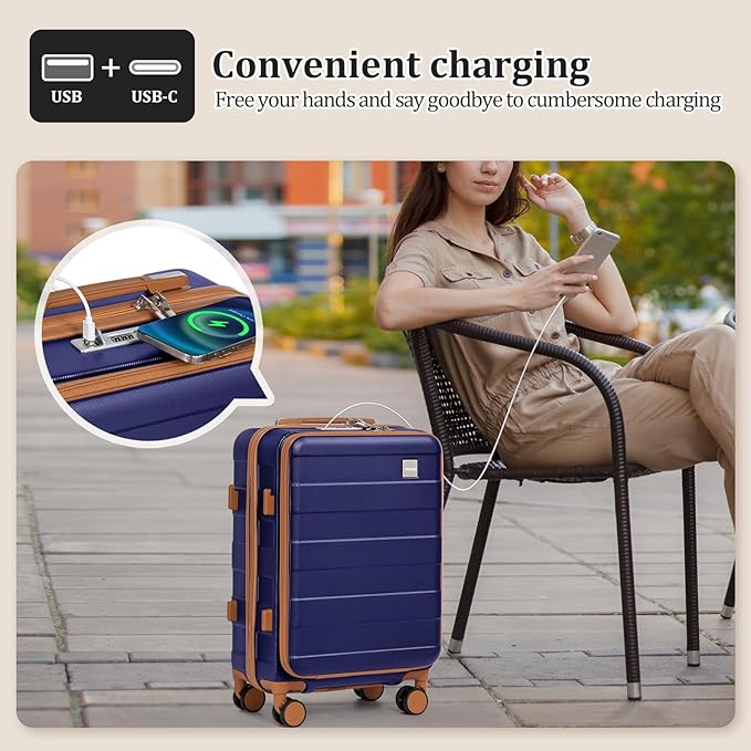 imiomo Carry on Luggage Airline Approved with Front Pocket and USB Port, Hard Shell 20 Inch Travel Carry-on Suitcase with Spinner Wheels and TSA Lock, Navy