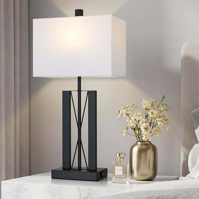 Lolikit 25" Modern Table Lamp for Living Room,Bedside Lamp for Bedroom | 2 USB Charging Ports,White and Black,Geometric Industrial Contemporary,LED Bulbs Shade Included,Bedrooms,Nightstand,End Table