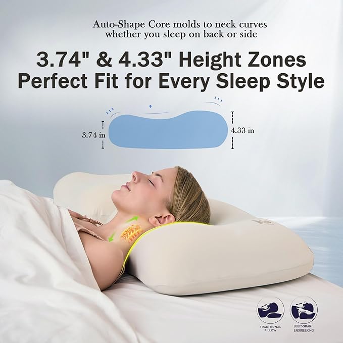 Cervical Neck Pillow - Side Sleeper Pillow for Neck Pain Relief, Soft Ergonomic Memory Foam Pillows Ice Silk Zipperless Pillowcase, Eco-Friendly and Durable Material