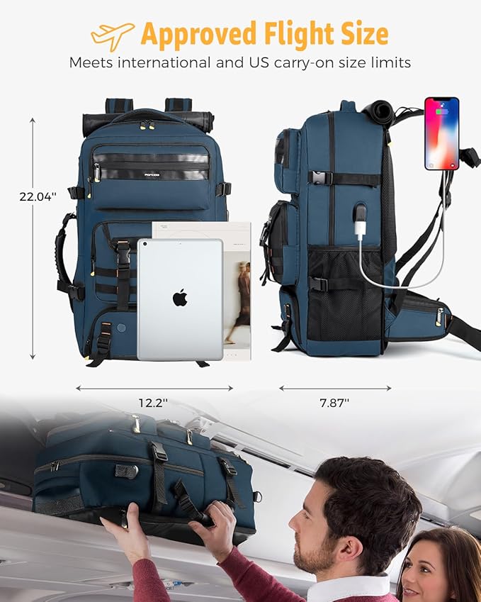 Ponhog Travel Backpack for Men, 50L Carry On Flight Approved Convertible Duffle Bag with Shoe Compartment, 17 inch Laptop Luggage with USB Charging Port for Weekender Hiking, Blue