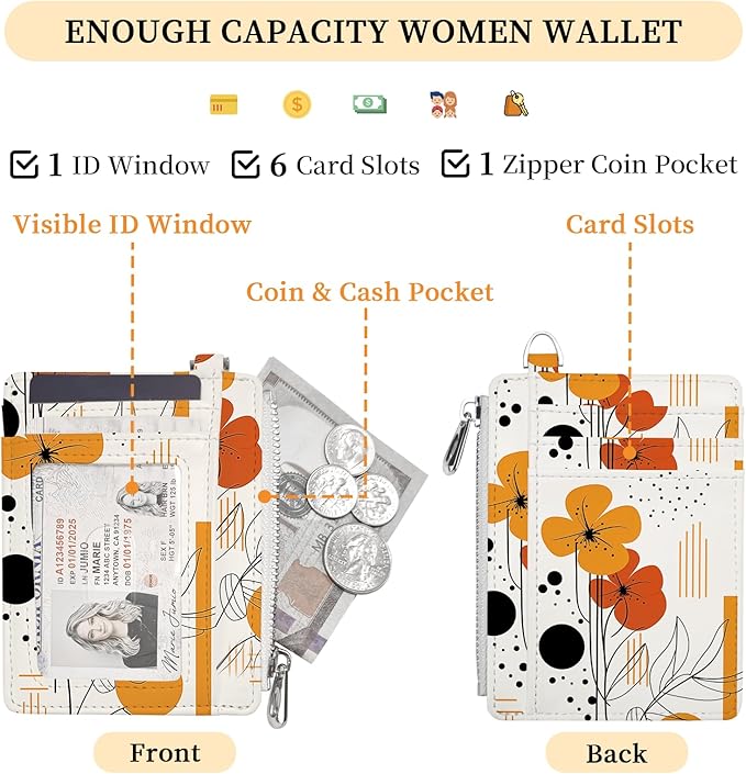 Hancynir Slim Wallet Women Credit Card Holder Abstract Boho Flower RFID Small Mini Card Case Front Pocket PU Leather Thin Travel Zipper Coin Cash ID Window Ladies Female Wallet Gifts