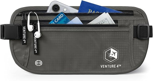 VENTURE 4TH Money Belt for Travel – Hidden Under-Clothes RFID Blocking Passport Holder & Slim Travel Wallet Pouch for Men & Women to Protect Cash, Cards & Documents (Gray)