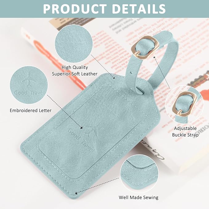 1 Pack Luggage Tag, PU Leather Suitcase Tags Identifiers Privacy Cover ID Label for Travel Bag Suitcase with 2 Pack Luggage Straps for Hats, Bags and Travel Accessories(L-Light Blue)