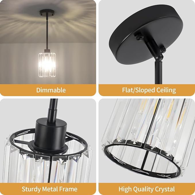 2 Pack Black Pendant Lights Kitchen Island Crystal Hanging Lighting Fixture | Adjustable Height Modern Pendant Light for Bathroom Dining Room Over Island Sink Entryway Hallway Ceiling Light