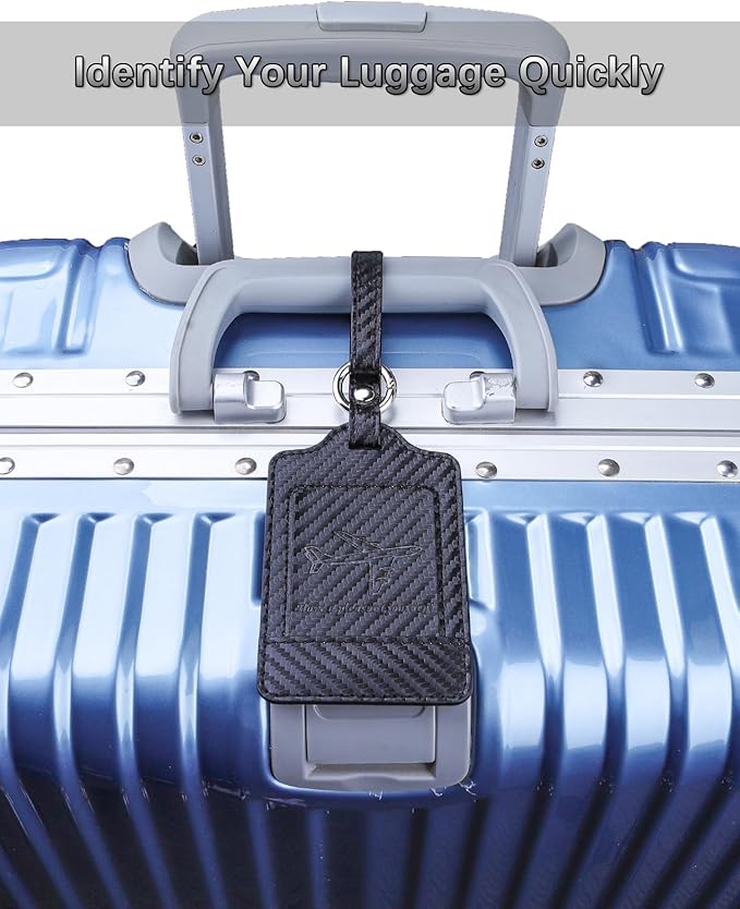 3 Pack Luggage Tags - Quick Install, Privacy Protection, Airplane Travel Essentials for Suitcases, Durable Leather - Carbon Fiber Black