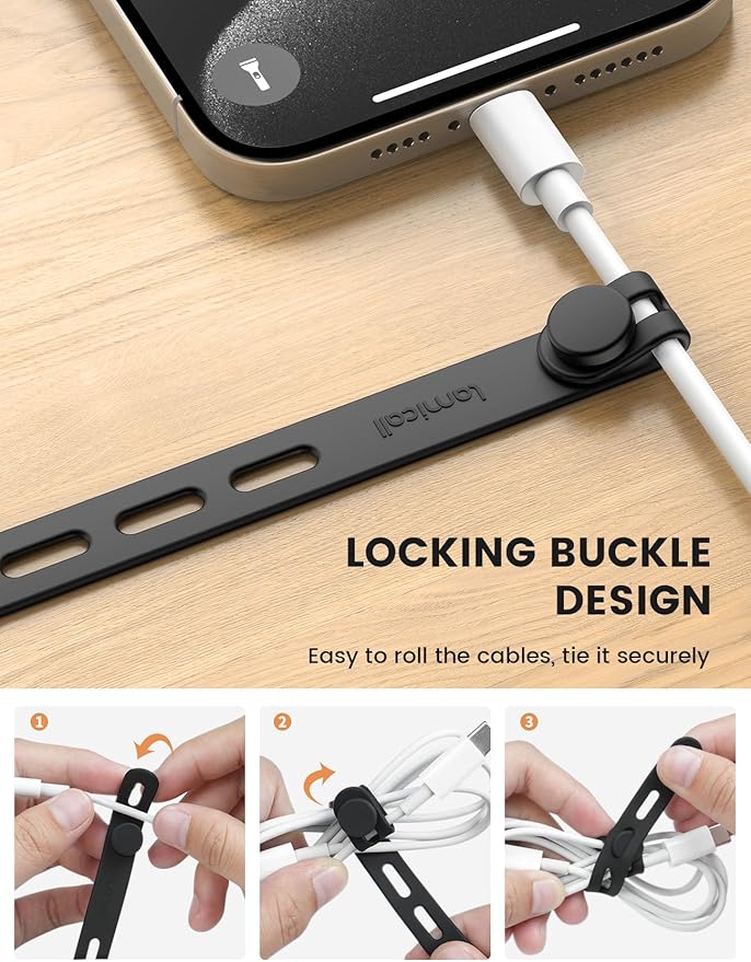 Lamicall 10Pack Silicone Cable Ties Cord Organizer - Durable Reusable Wire Management Wrap with Lock Buckle, Elastic Charger Cable Strap Ties, Electrical Cord Keeper for Travel, Home Accessories