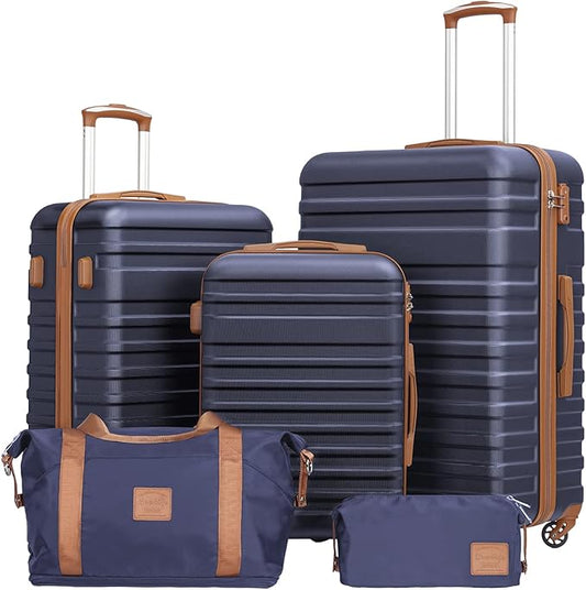 Coolife Suitcase Set 3 Piece Luggage Set Carry On Hardside Luggage with TSA Lock Spinner Wheels (Navy, 5 piece set)