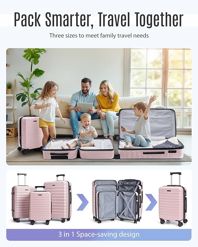 LIGHT FLIGHT Luggage Sets, 3 Piece Durable Suitcase Set with Spinner Wheels, 3 Pcs Hardside Lightweight luggage with TSA Lock, Large Checked Travel Suitcases, 20/24/28 Inch, Pink