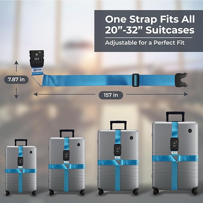 Nylon Luggage Straps for Suitcases | TSA Approved Adjustable Strap w/ 3-Digit Combo Lock | Heavy Duty Belt for 20-32 Inch Suitcases | Travel Luggage Belt Strap for Easy Identification (Neon Blue)