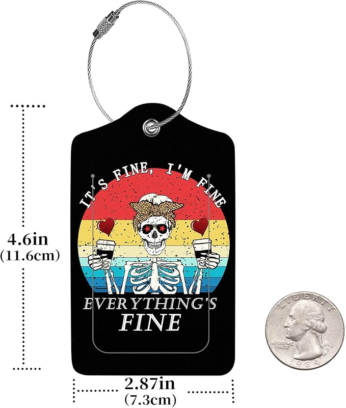 2 Pcs Luggage Tags for Suitcase, Cute Unique PU Leather Travel Bag Tag with Privacy Cover ID Label Address Card and Durable Metal Ring Suitable for Men Women Children Backpack,Human Skull
