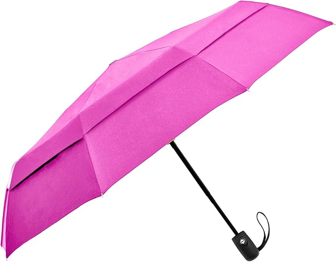 Windproof Compact Umbrella for Rain - 42” Travel Umbrella, Portable, Strong, Collapsible to 11”, Automatic Open Close Button, Vented Double Canopy with Fiberglass/Steel Frame, Wind Resistance to 55MPH