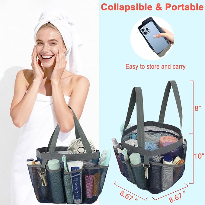 Fammart Mesh Shower Caddy Portable for College Dorm Room Essentials, 8-Pocket Large Shower Basket Tote Bag with 2 Handles for Toiletry, Bathroom, Beach, Camp, Gym