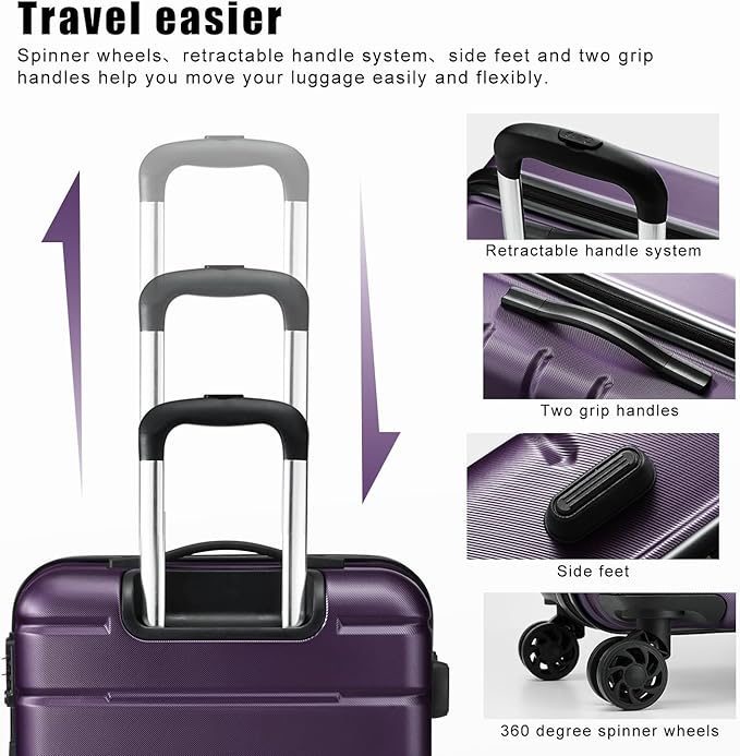 Coolife Luggage Suitcase Carry-on Spinner TSA Lock USB Port Expandable (only 28’’) Lightweight Hardside Luggage (Purple, L(28in))