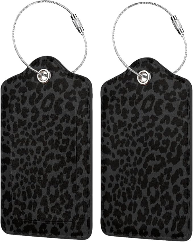 2P Luxury Black Grey Leopard Cheetah Luggage Tags Privacy Cover ID Label with Stainless Steel Loop and Address Card for Travel Bag Suitcase Funny Cute Man Women Kids