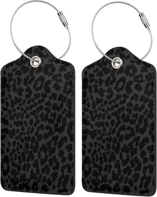 2P Luxury Black Grey Leopard Cheetah Luggage Tags Privacy Cover ID Label with Stainless Steel Loop and Address Card for Travel Bag Suitcase Funny Cute Man Women Kids