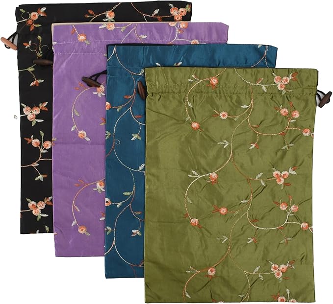 Embroidery Silk Flower Shoe Bag 4Pcs Drawstring Silk Travel Bag Jacquard Underwear Bags Washable Big Sachet Bag Storage Bags for Men Women