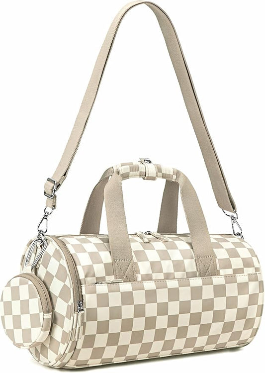 Mini Gym Bag for Women Girls Cute Small Duffle Bag 12'' with Multifunctional Pockets Workout Sport Bags Dance,Fitness,Yoga (Brown-white checkered)
