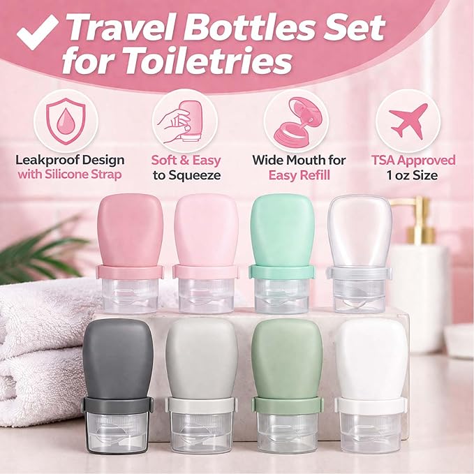 1 oz Silicone Travel Bottles, Leakproof Squeeze Bottle Mini Travel Size Container for Toiletries Lotion Shampoo and Conditioner Liquid Salad Dressing to go Condiment, TSA Approved, 4 Pack