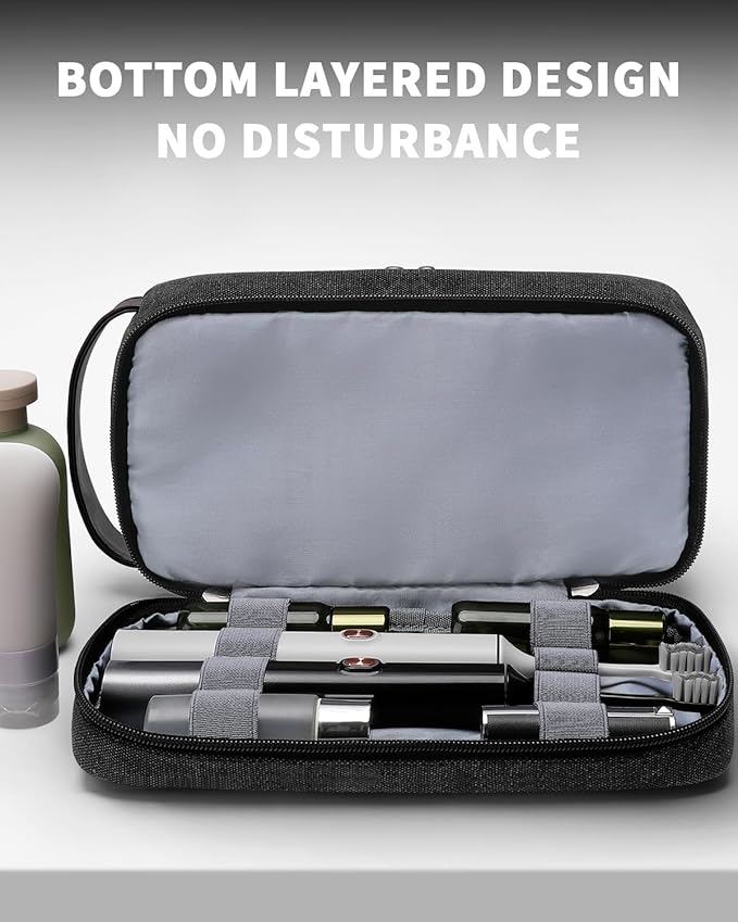 ZOMFELT Toiletry Bag for Men, Dual Layers Canvas Travel Toiletries Bag, Water-Resistant Travel Organizer with Elastic, Large Capacity Dopp Kit, Hanging Shaving Hygiene Bag, Black, L