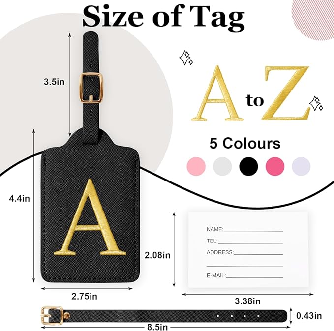 Personalized Initial Luggage Tags for Suitcases,Leather Letter Cute Luggage Tags with Privacy Name Card,Embroidered Monogrammed Travel Bag Backpack Tag Gifts for Women Kids Girls Teens(Black-A)