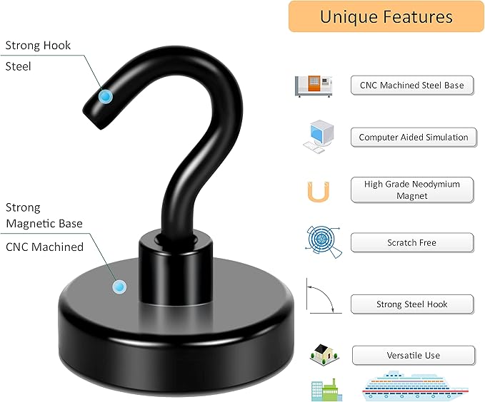 Neosmuk Magnetic Hooks Heavy Duty,10lb Strong Magnet with Hook for Fridge, Super Neodymium Extra Strength Industrial Hooks for Hanging, Magnetic Hanger for Toolbox, Cruise, Grill(Matte Black,6 Pack)