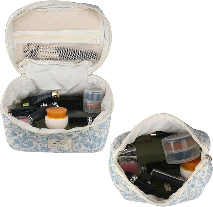 Cute Makeup Bag for Women(2 Pcs), Travel Cosmetic Bags, Quilted Coquette Aesthetic Floral Toiletry Organizer Bag (NavyBlue Flower)