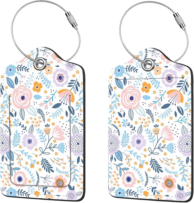 2 Pcs Luggage Tags for Suitcase, Cute Unique PU Leather Travel Bag Tag with Privacy Cover ID Label Address Card and Durable Metal Ring Suitable for Men Women Children Backpack,Colorful Flowers A
