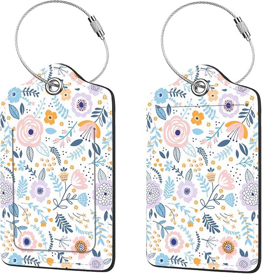 2 Pcs Luggage Tags for Suitcase, Cute Unique PU Leather Travel Bag Tag with Privacy Cover ID Label Address Card and Durable Metal Ring Suitable for Men Women Children Backpack,Colorful Flowers A