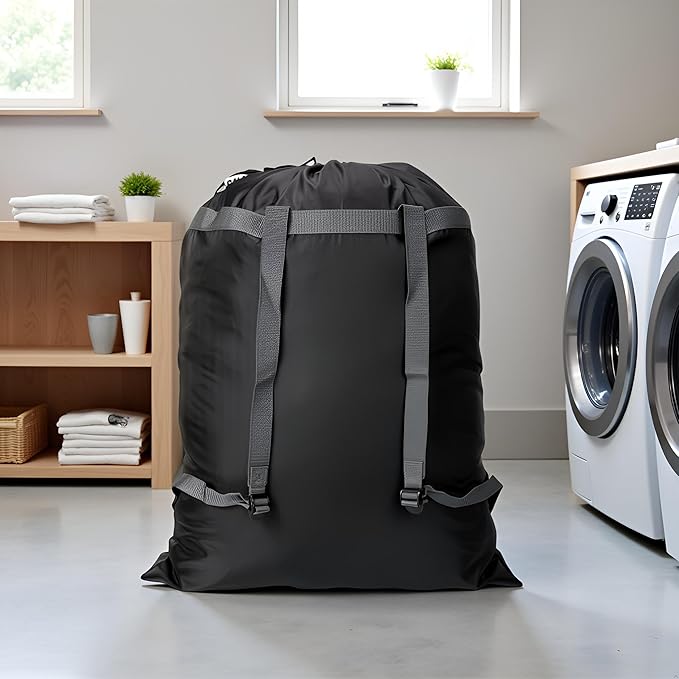 Laundry Bag Backpack, 27” x 34”Sturdy Laundry Bag with Shoulder Straps Drawstring Closure Heavy Duty Foldable Laundry Backpack for College, Travel, Laundromat, Apartment (black)