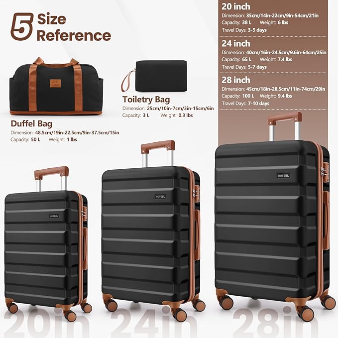 Hoteel Luggage Sets 5 Piece, 4-Year Warranty, Carry-On Luggage with Dual-Spinner Wheels, ABS Hard Shell Suitcase with TSA Locks, Lightweight Luggages for Travel, Black(20IN/24IN/28IN/DB/TB)