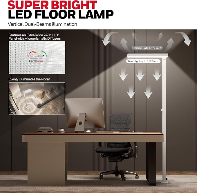 Honeywell 02E Gen Sunturalux LED Floor Lamp 8000LM Tall Standing Lamp | 4000K Daylight, CRI≥98, 80W Super Bright, 77" Modern Stand Reading Light for Bedroom, Living