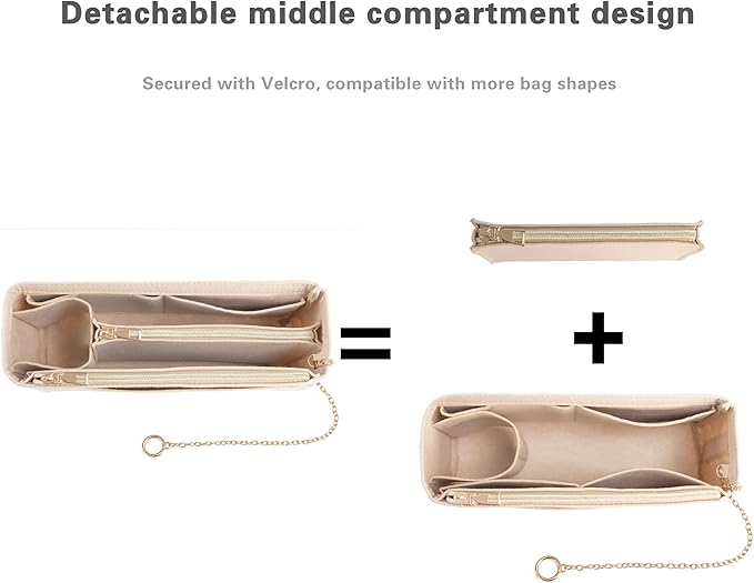 Purse Organizer Insert, Handbag Organizer with Zipper, Tote Shaper with Cup Holder & Keychain, Compatible with LV, Neverfull, MK, COACH, Longchamp, Kate Spade– Khaki-Sl. Med