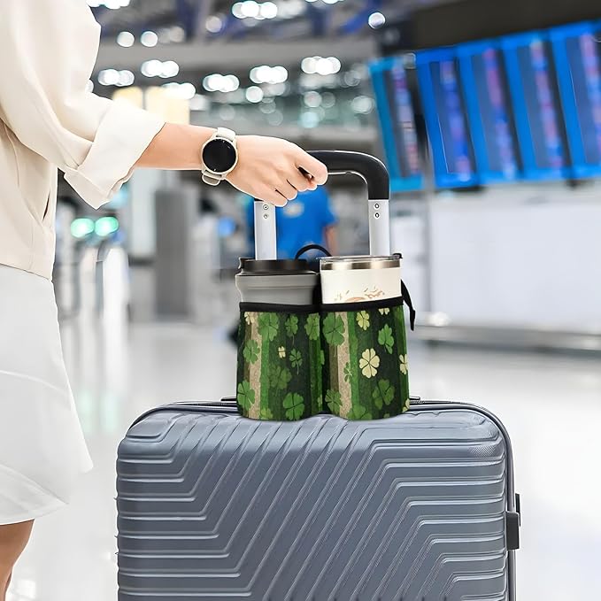 Luggage Cup Holder for Suitcases Free Hands Travel Cup Holder Portable Suitcase Cup Drink Holder Luggage Cup Caddy Bag Carrier Green Stripes Clovers