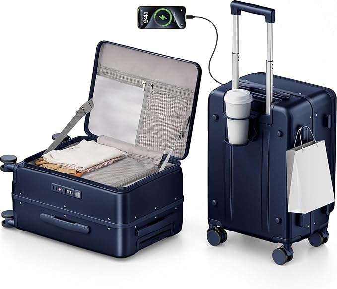 20IN Carry On Luggage,Top Opening Aluminum Frame Hardside 100% PC Airline Approved Suitcase -with TSA Lock,Cup Holder,USB Charge,Side Pothook, 360°Spinner Wheels-Navy Blue