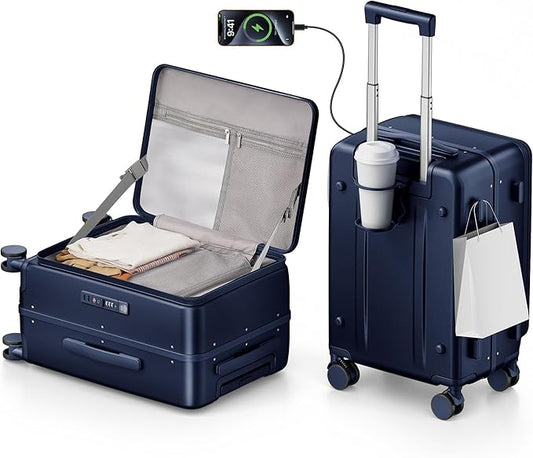 20IN Carry On Luggage,Top Opening Aluminum Frame Hardside 100% PC Airline Approved Suitcase -with TSA Lock,Cup Holder,USB Charge,Side Pothook, 360°Spinner Wheels-Navy Blue