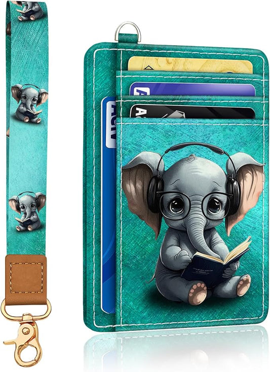 Yonlevres Elephant Credit Card Holder Slim Wallet, RFID Wallet Women Front Pocket Wristlet Lanyard, Small Card Holder Travel Funny Cute Thin Card Case ID Window PU Leather Card Organizer Gifts Girls