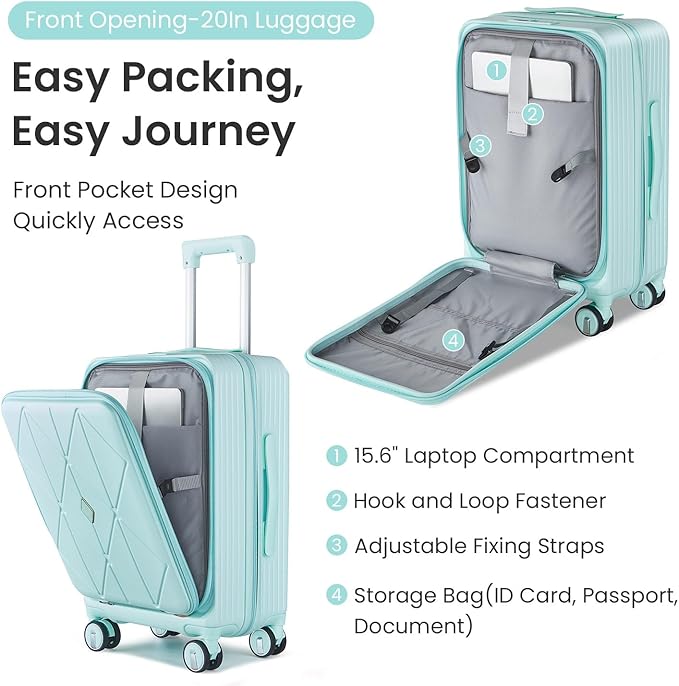 3 Piece Luggage Set 100% PC Hardshell, Front Opening Expandable Suitcase (20/24/28) with Laptop Compartment & Free Custom PVC Covers, Trunk Style Lightweight Spinner Wheels TSA Lock