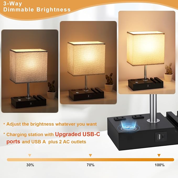 Touch Bedside Table Lamp for Bedroom, 3-Way Dimmable, USB C+A, 2 AC Outlets | Base Touch Button Only, USB C+A Ports, 2 Phone Stands, LED Bulbs Included, Rectangle Grey Lampshade, for Living Room, Desk