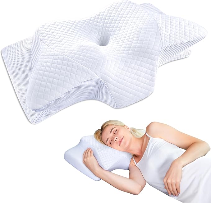 SAHEYER Cervical Neck Pillow, Memory Foam Pillow for Neck Pain Relief and Snoring, Ergonomic Pillow for Side Sleeper, 2 in 1 Orthopedic Pillow for Back and Stomach Sleeper, White