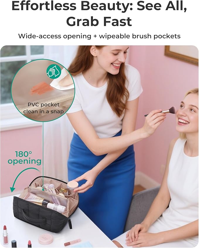 BAGSMART Travel Makeup Bag for Women, Portable Water-resistant Cosmetic Case, Puffy Padded Make Up Organizer Pouch, Open Flat Toiletry Bag for Toiletries, Brushes, Black